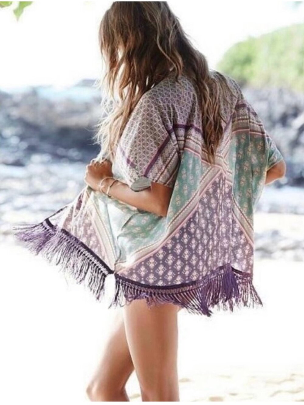 Victoria's Secret Swim coverup XS/Small Fringe Tassels Purple Green